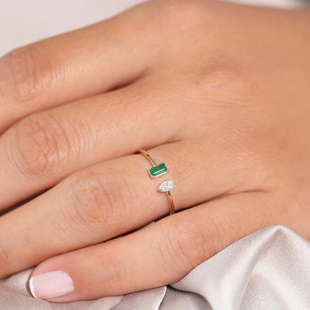 14K Gold Emerald and Diamond Cuff Ring