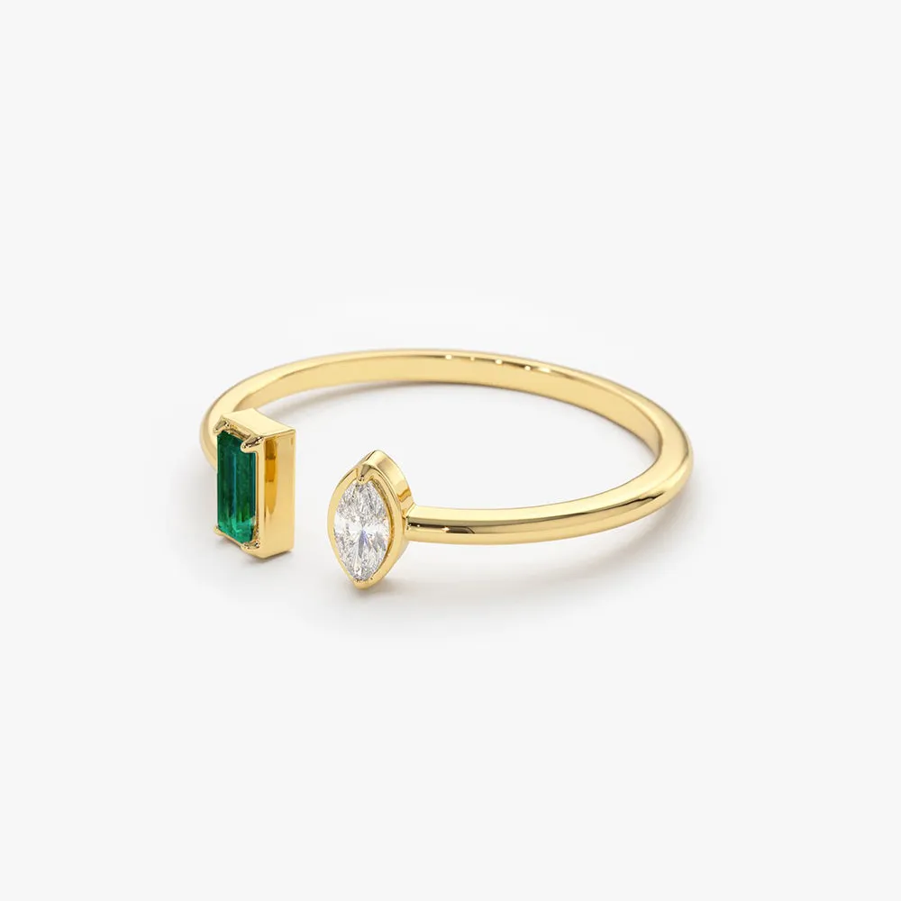 14K Gold Emerald and Diamond Cuff Ring