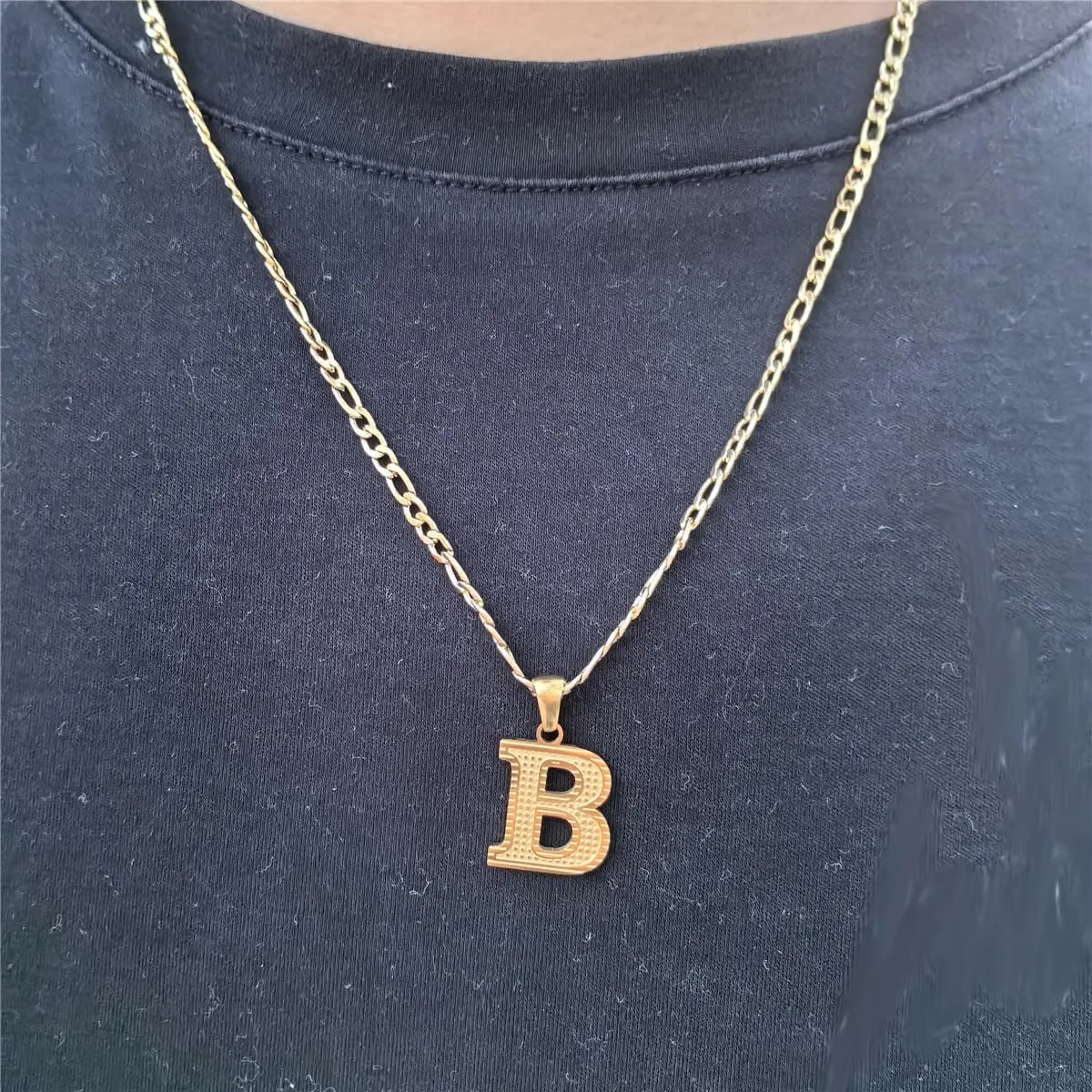 18K Gold Silver Tone Stainless Steel Initial Necklaces for Women Men Gothic 26 Letters Pendant with Figaro Chain Necklaces