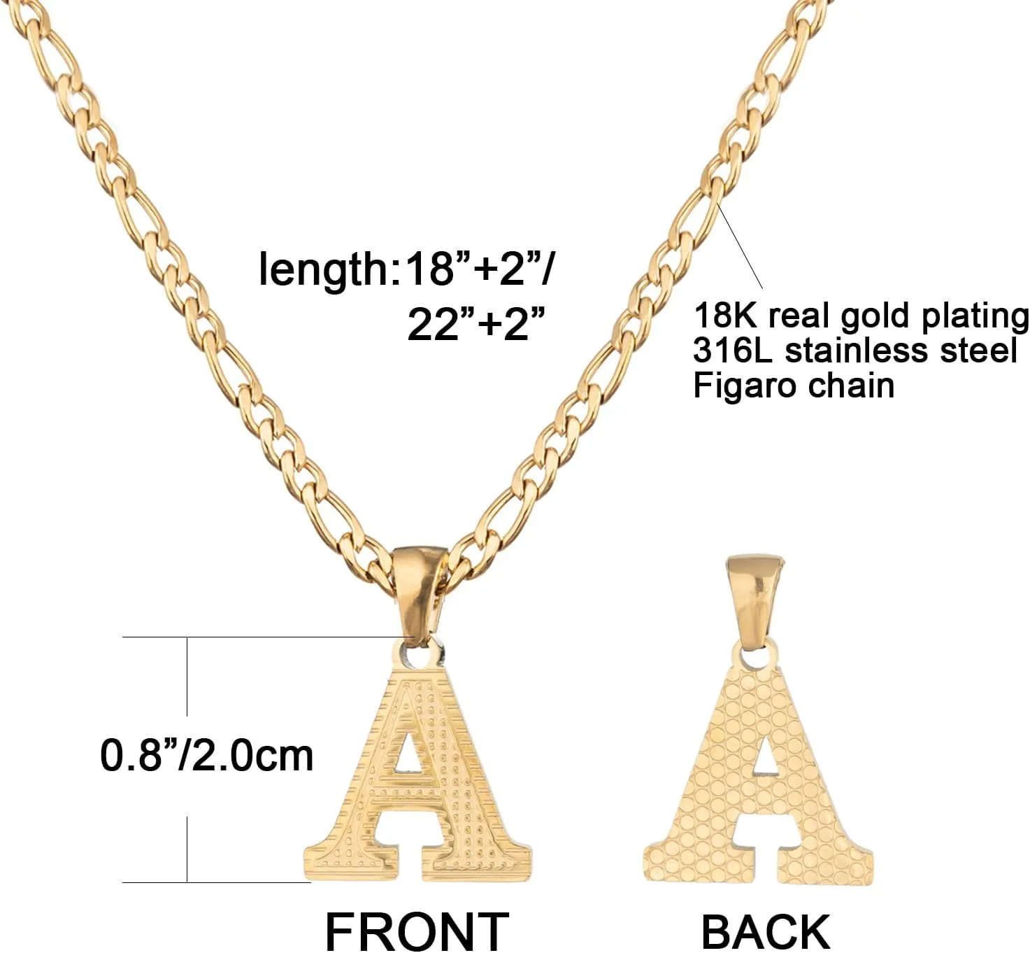 18K Gold Silver Tone Stainless Steel Initial Necklaces for Women Men Gothic 26 Letters Pendant with Figaro Chain Necklaces