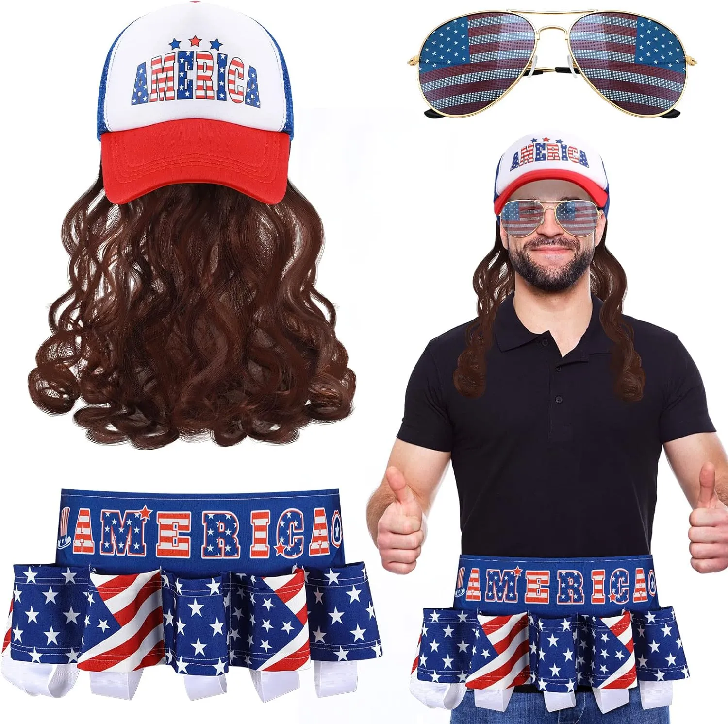 3 Pcs 4th of July Accessories Mullet Wigs for Men Patriotic Beverage Belt American Flag Sunglasses Mullet Hat Brown Wig Classic Independence Day Party Costume for Men Women