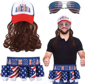 3 Pcs 4th of July Accessories Mullet Wigs for Men Patriotic Beverage Belt American Flag Sunglasses Mullet Hat Brown Wig Classic Independence Day Party Costume for Men Women