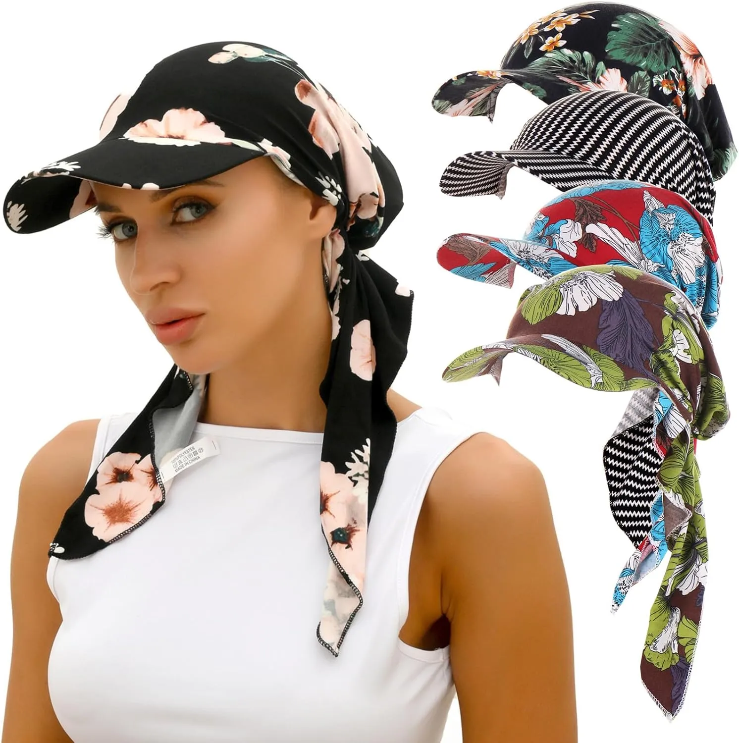 4 Pieces Womens Printing Brim Bandana Cap Sun Visor Pre-Tied Turban Headscarf Head Cover Scarf Wrap Beach Outdoor Hat