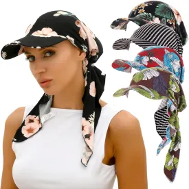 4 Pieces Womens Printing Brim Bandana Cap Sun Visor Pre-Tied Turban Headscarf Head Cover Scarf Wrap Beach Outdoor Hat