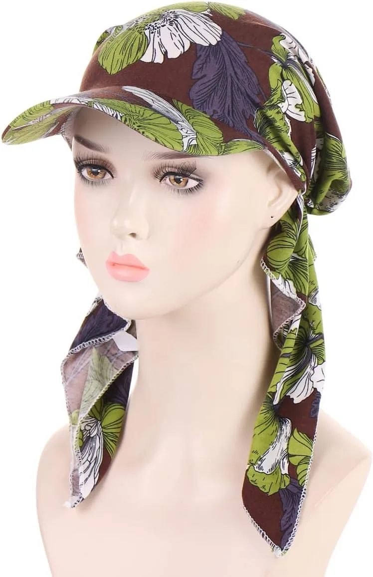 4 Pieces Womens Printing Brim Bandana Cap Sun Visor Pre-Tied Turban Headscarf Head Cover Scarf Wrap Beach Outdoor Hat