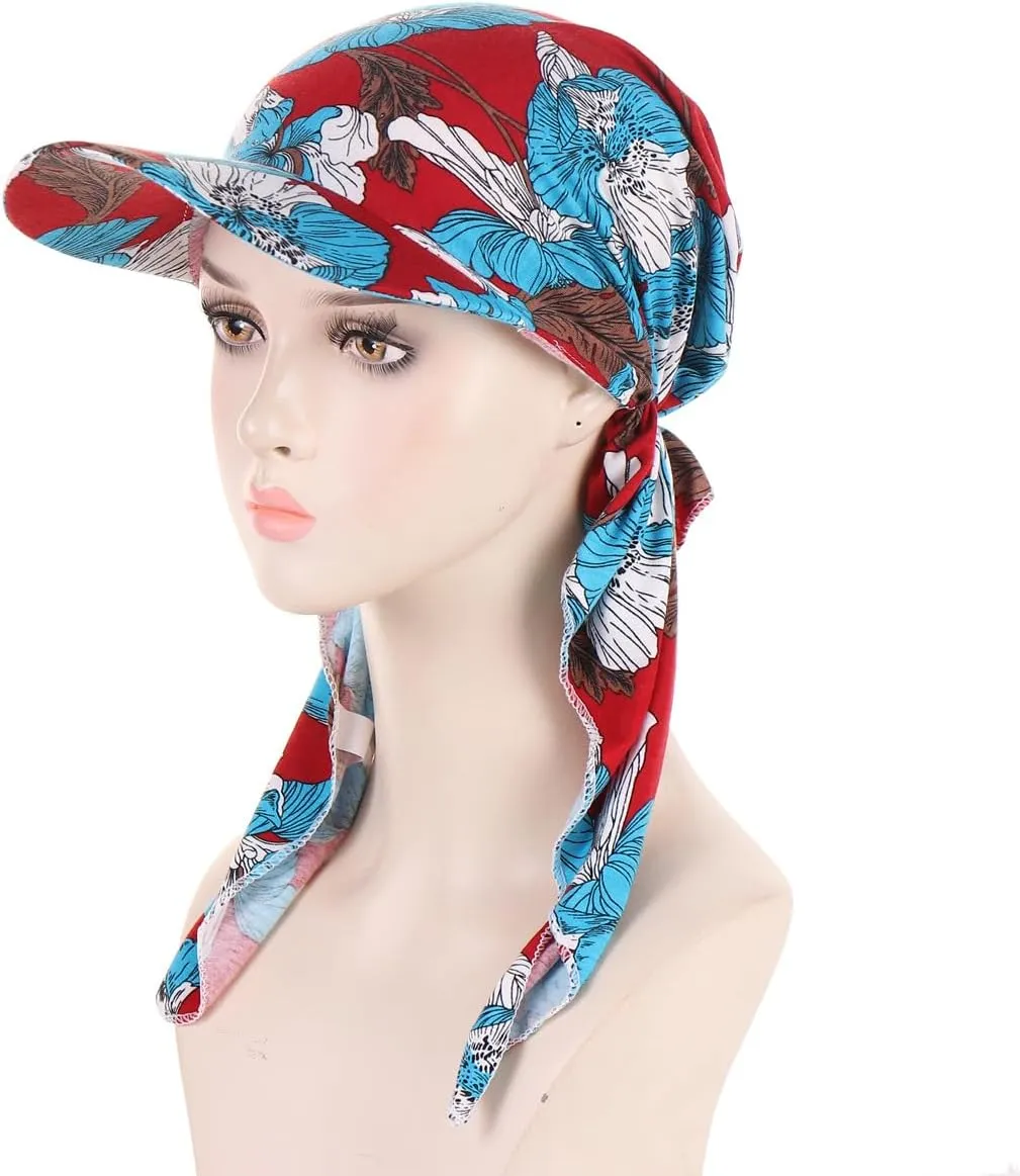 4 Pieces Womens Printing Brim Bandana Cap Sun Visor Pre-Tied Turban Headscarf Head Cover Scarf Wrap Beach Outdoor Hat