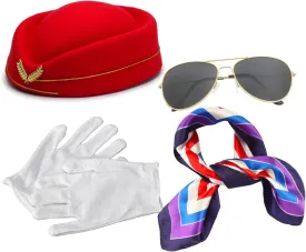 4Pcs Women's Flight Attendant Costume Accessories Set Stewardess Hat Scarf Sunglasses & Gloves for Airline Cosplay and Halloween Dress-Up