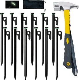 8/12/16Pack Tent Stake with Hammer, 8/10/12/16in Heavy Duty Tent Stakes   10in Camping Hammer Storage Pouch, Forged Steel Stakes Used on Rocks (12 Pack 10in Tent Stakes Hammer)