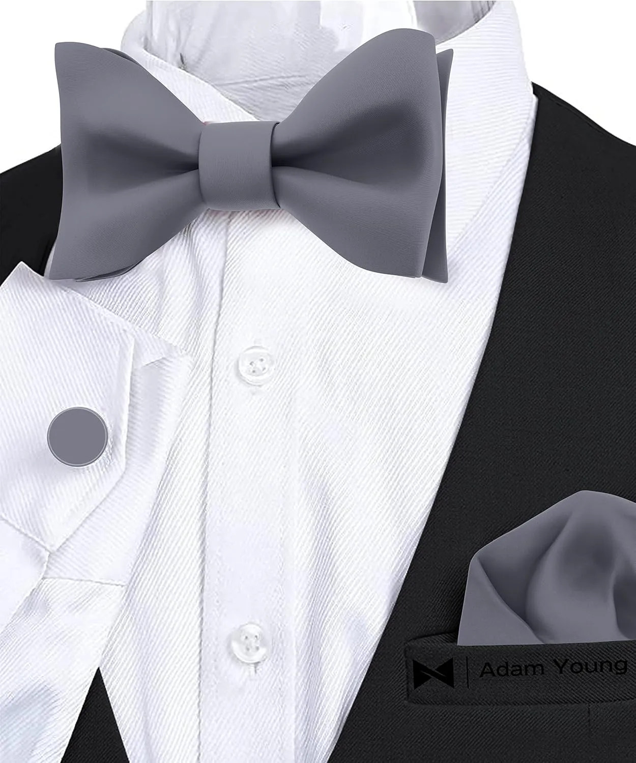 Adam Young Men's Self Tie Bow Tie Sets w/Pocket Squares & Cufflinks Sami-Glossy Satin Classy Bowtie for Tuxedo Faux Silk