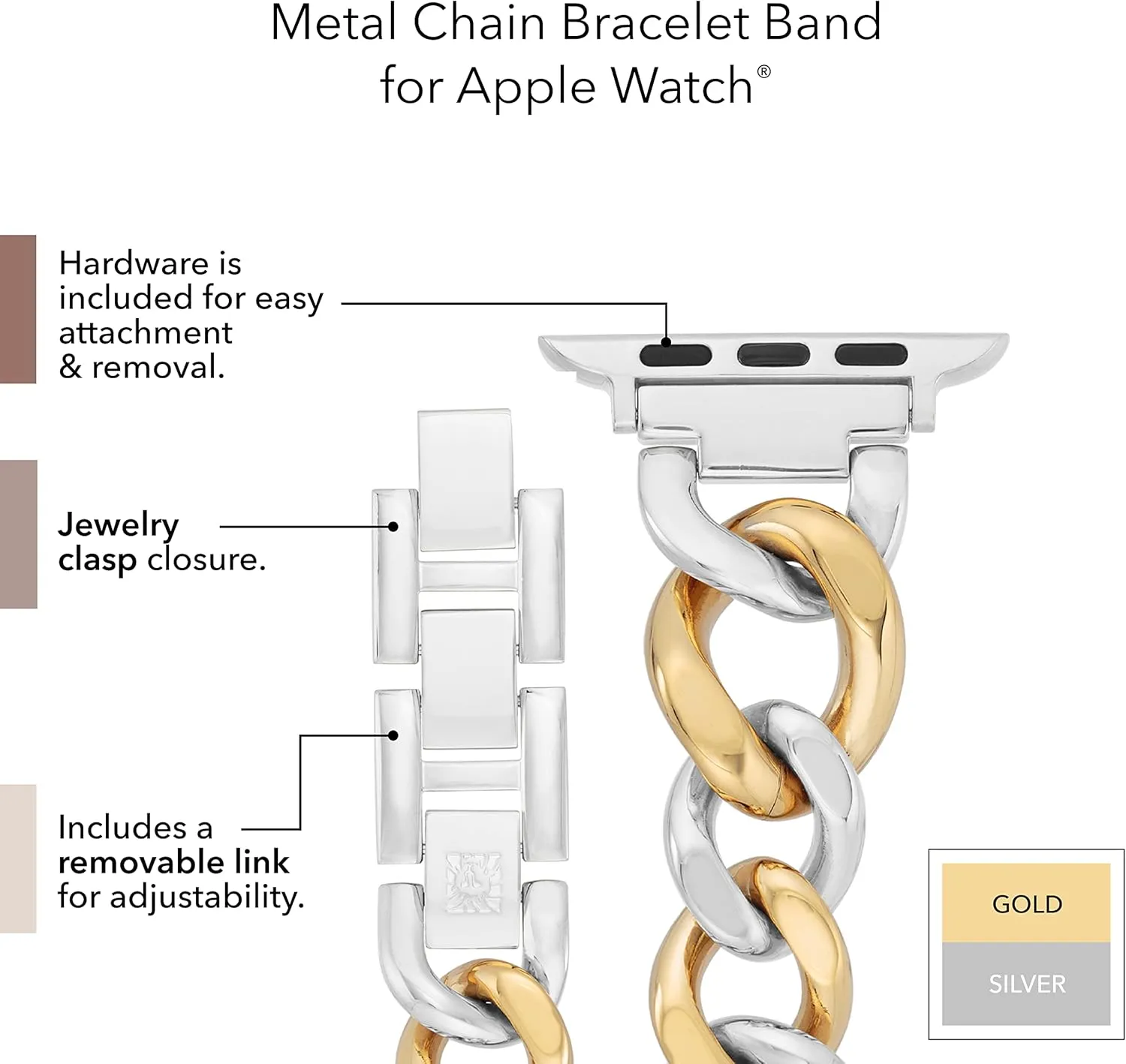 Anne Klein Fashion Chain Bracelet for Apple Watch, Secure, Adjustable, Apple Watch Replacement Band, Fits Most Wrists