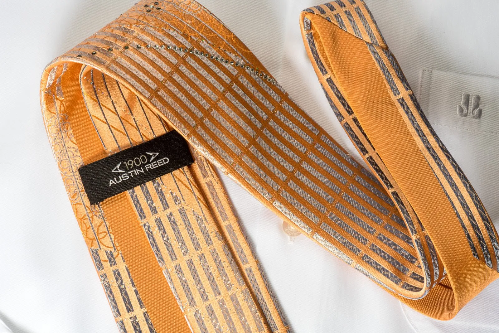 Austin Reed Rhinestone Necktie Silver Stripes On Orange With Silver Sparkles