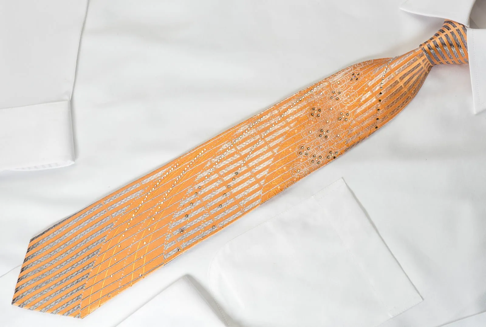 Austin Reed Rhinestone Necktie Silver Stripes On Orange With Silver Sparkles
