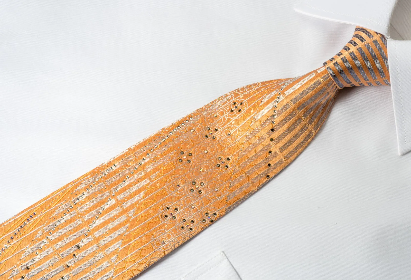 Austin Reed Rhinestone Necktie Silver Stripes On Orange With Silver Sparkles