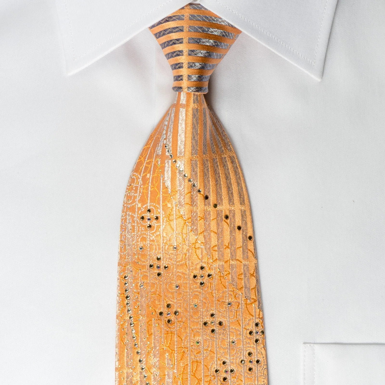 Austin Reed Rhinestone Necktie Silver Stripes On Orange With Silver Sparkles