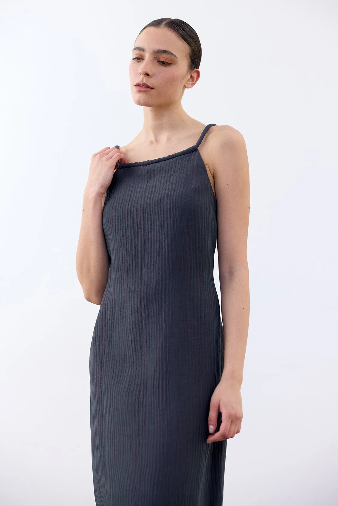 Backless Streaked Silk-Linen Dress - Lago
