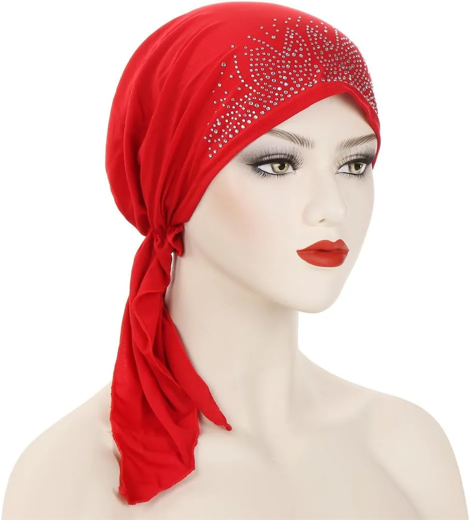 Cancer Head Scarf for Women Chemo Pre Tied Rhinestone Bandana Headwrap Caps Skull Beanies Turban Hair Cover