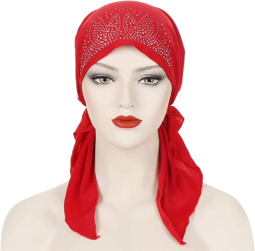 Cancer Head Scarf for Women Chemo Pre Tied Rhinestone Bandana Headwrap Caps Skull Beanies Turban Hair Cover