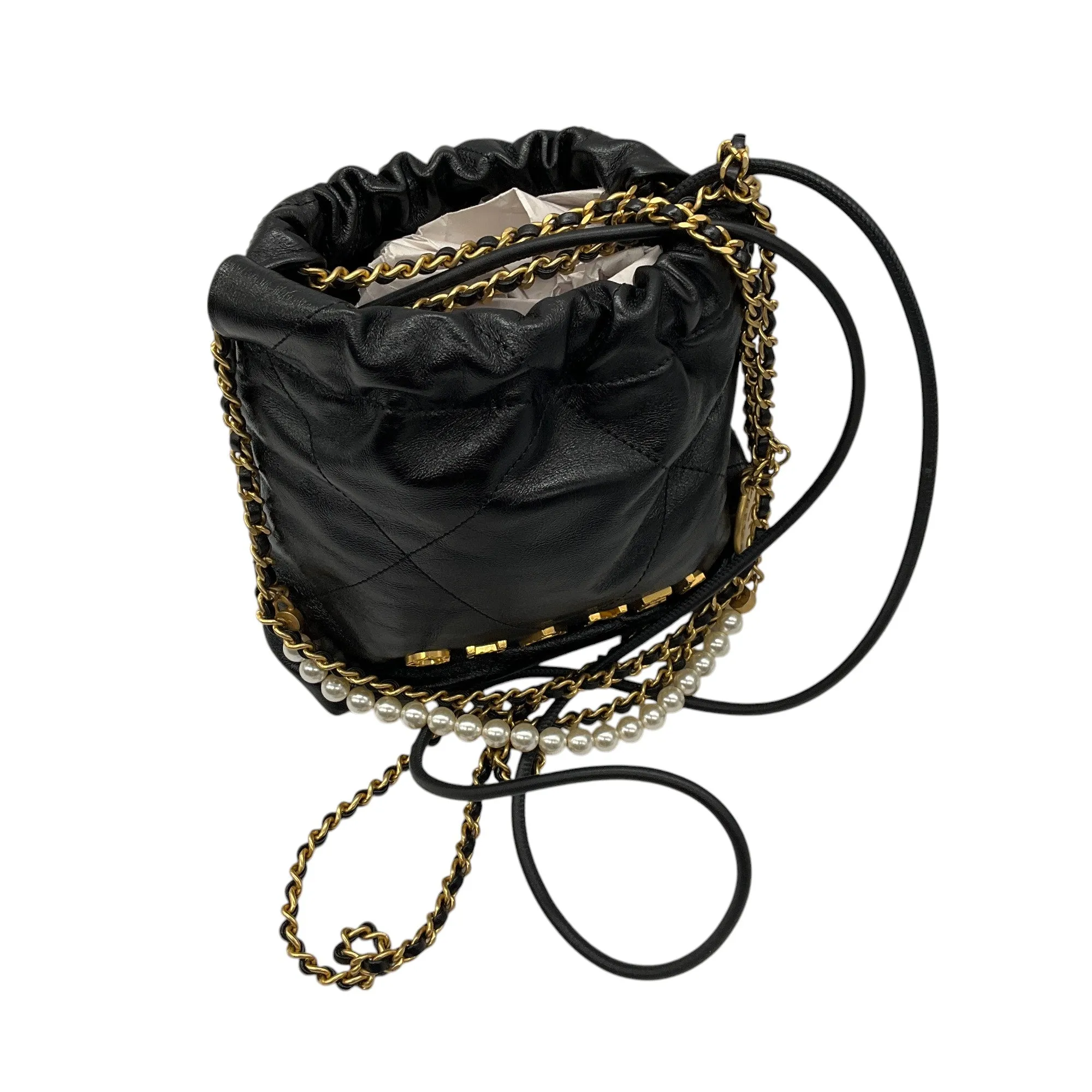 Chanel Black 2023/24 Metiers d'Art Collection Mini Shiny Lambskin Leather Mini 22 Handbag