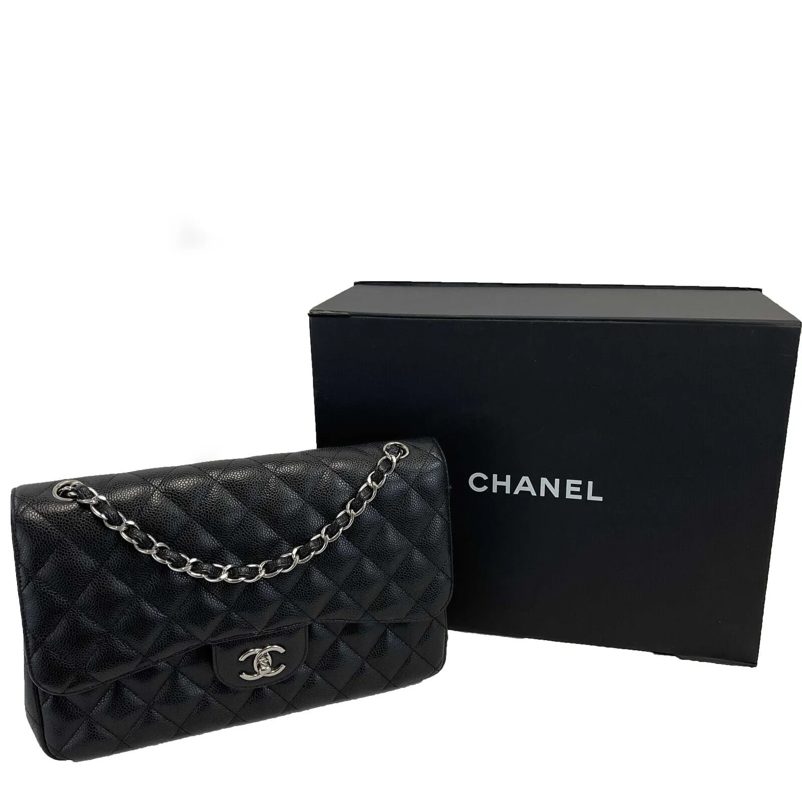 CHANEL CC Caviar Leather Jumbo Classic Double Flap Black / Silver Shoulder Bag