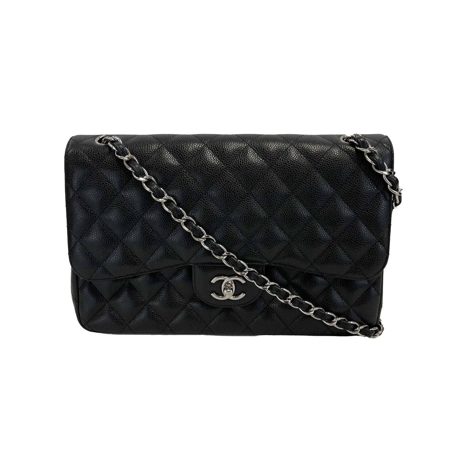 CHANEL CC Caviar Leather Jumbo Classic Double Flap Black / Silver Shoulder Bag