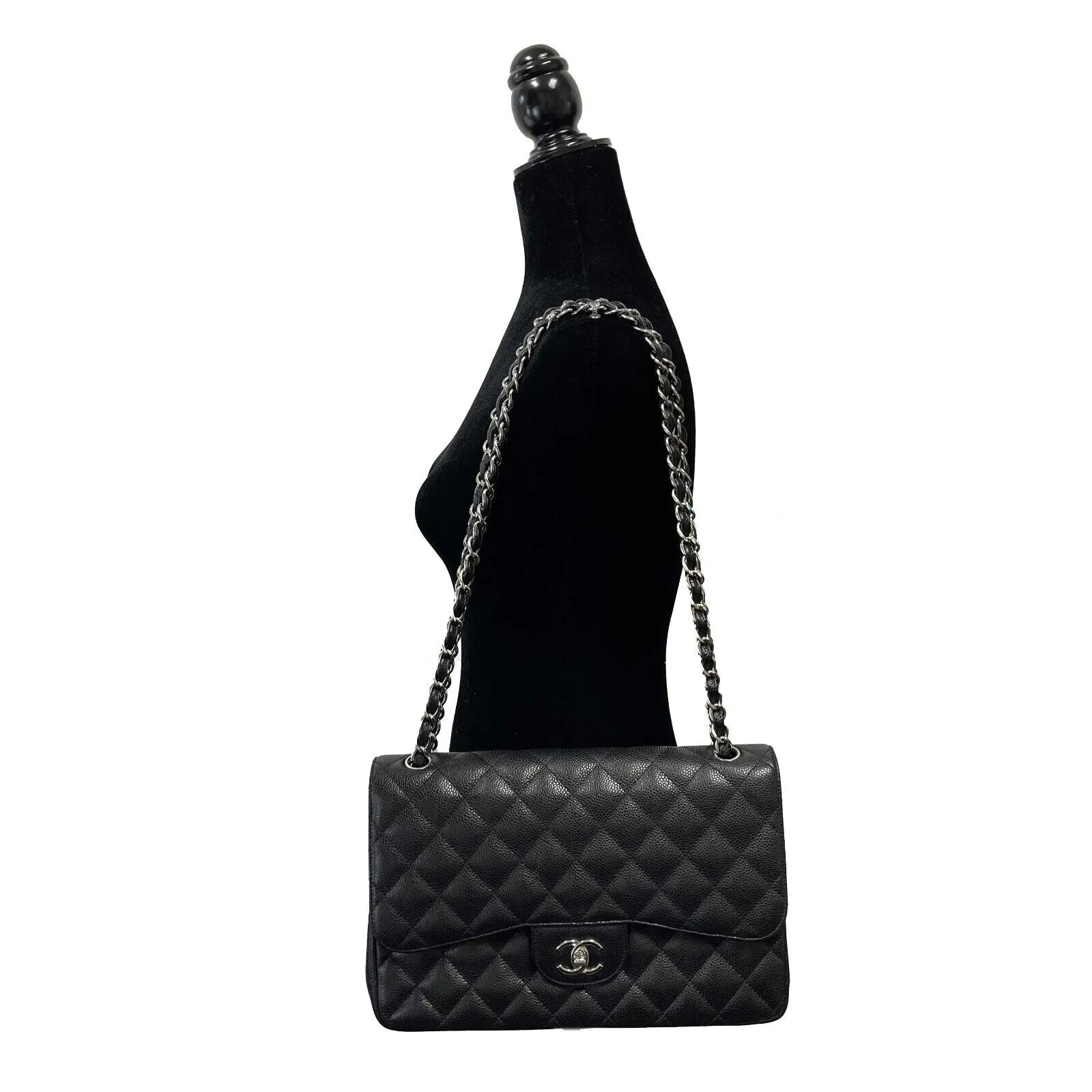 CHANEL CC Caviar Leather Jumbo Classic Double Flap Black / Silver Shoulder Bag
