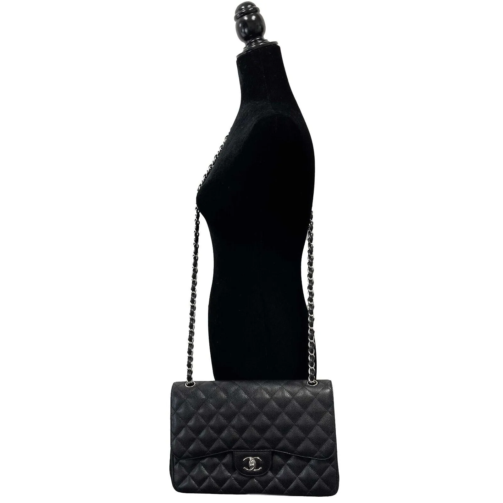 CHANEL CC Caviar Leather Jumbo Classic Double Flap Black / Silver Shoulder Bag
