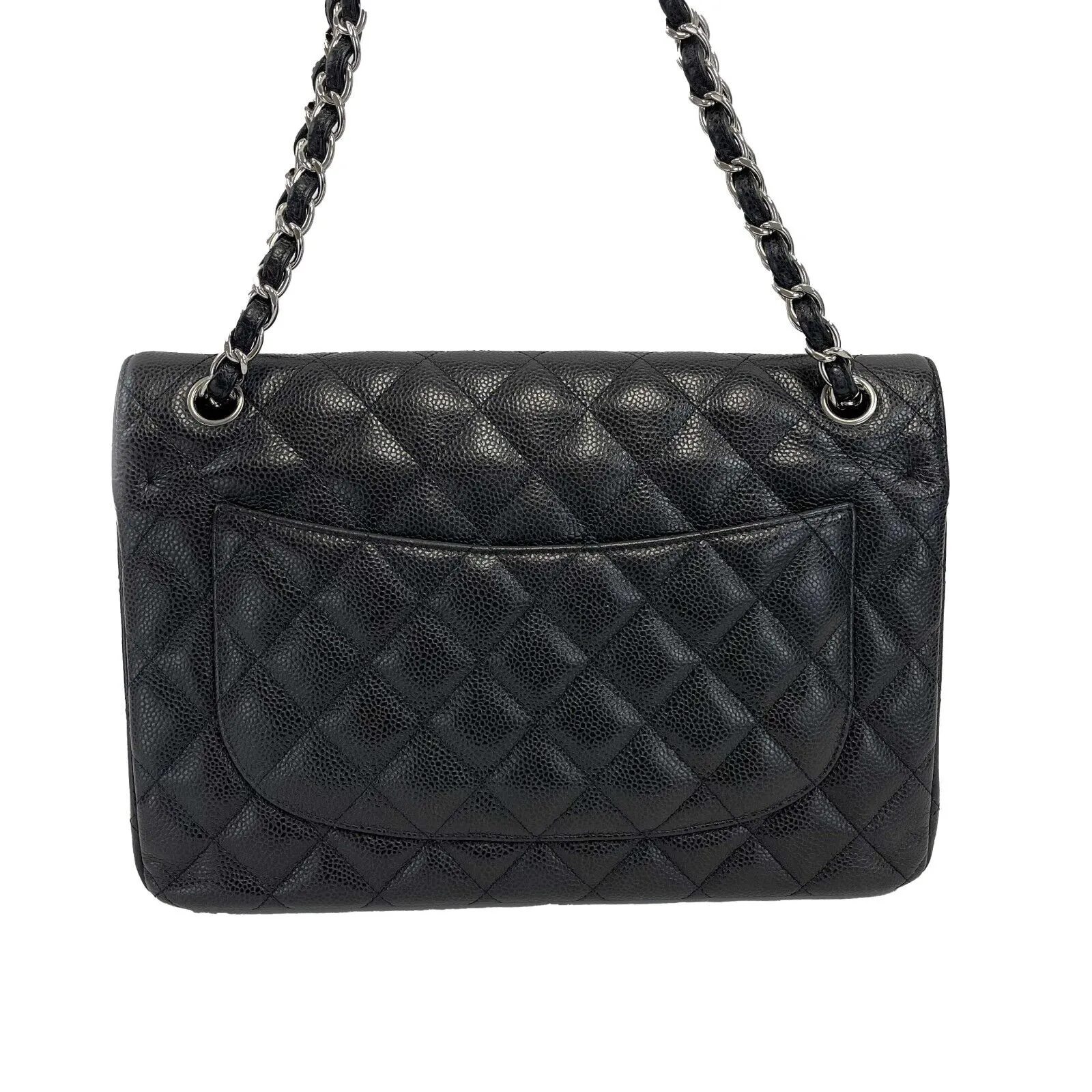 CHANEL CC Caviar Leather Jumbo Classic Double Flap Black / Silver Shoulder Bag