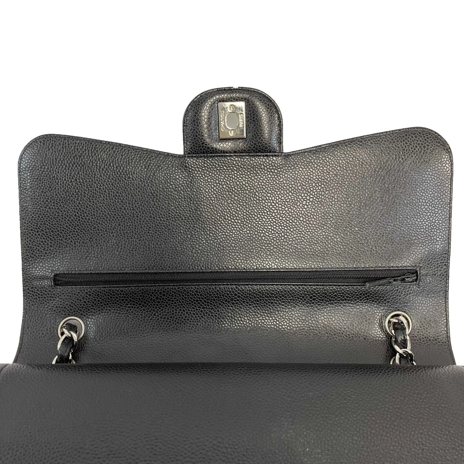 CHANEL CC Caviar Leather Jumbo Classic Double Flap Black / Silver Shoulder Bag