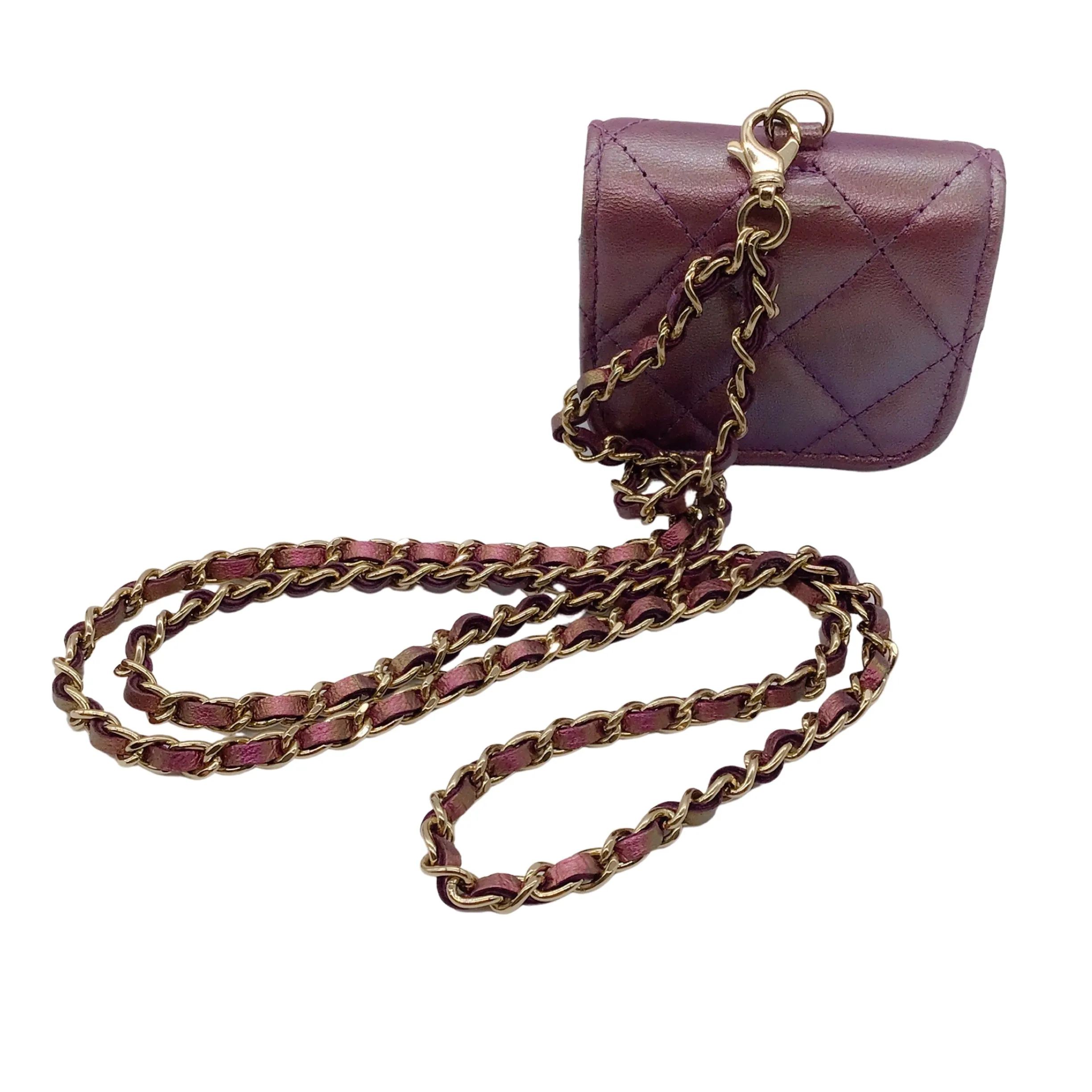 Chanel Purple / Light Gold CC Logo Chain Strap Quilted Iridescent Lambskin Leather Airpods Pro Case / Handbag