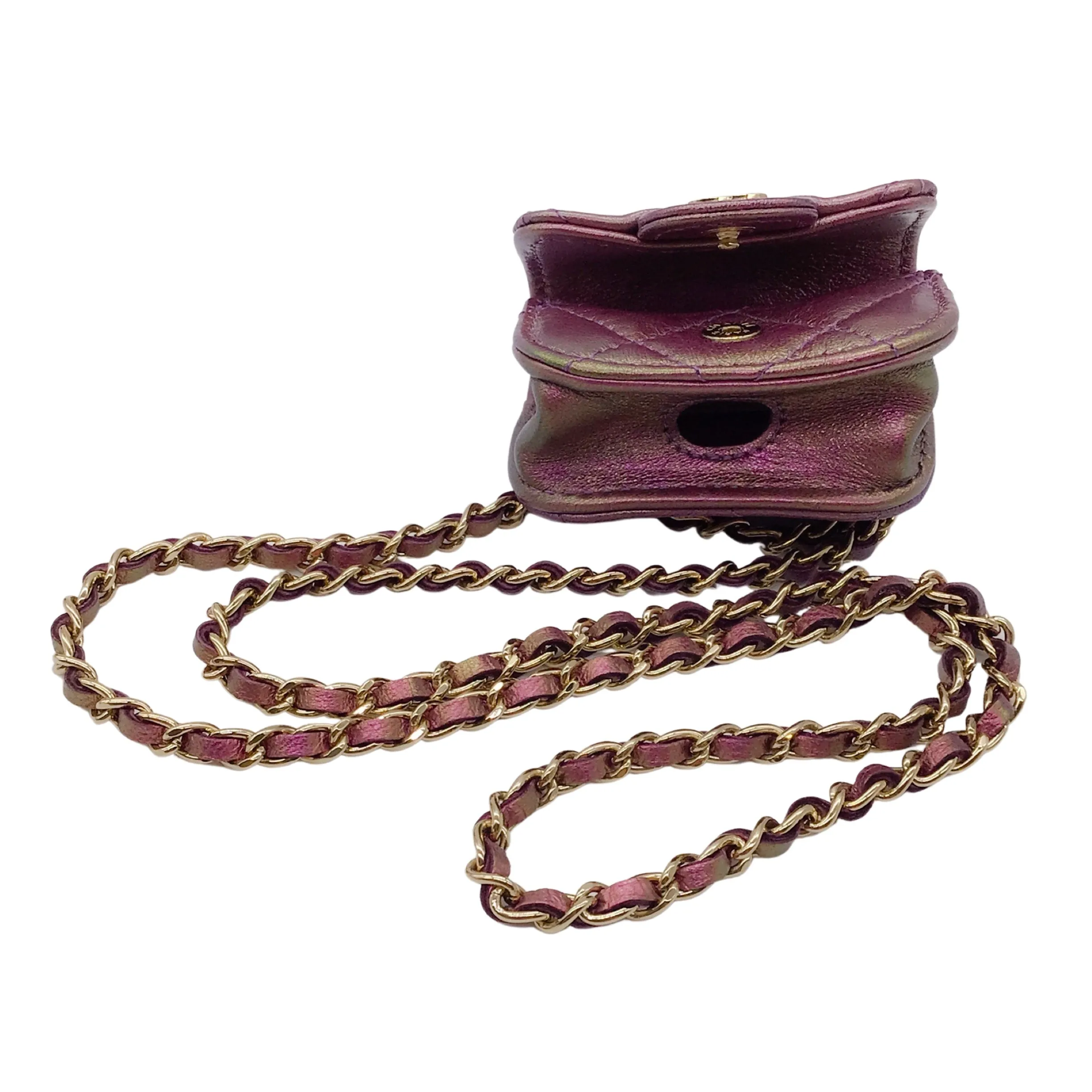 Chanel Purple / Light Gold CC Logo Chain Strap Quilted Iridescent Lambskin Leather Airpods Pro Case / Handbag