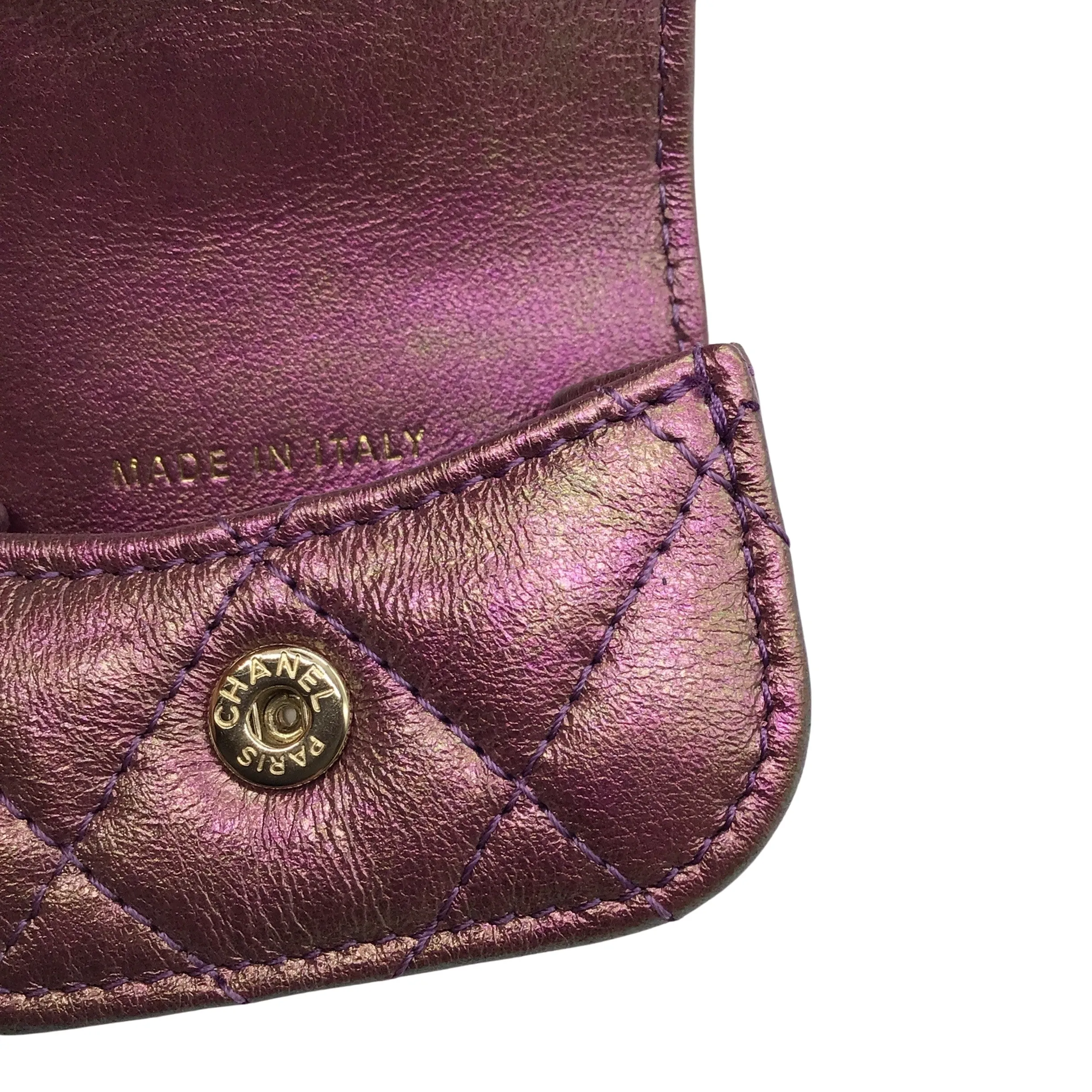 Chanel Purple / Light Gold CC Logo Chain Strap Quilted Iridescent Lambskin Leather Airpods Pro Case / Handbag