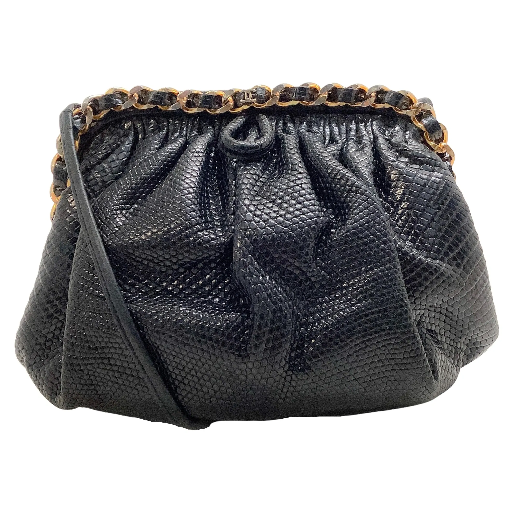 Chanel Vintage 1980's Black Nappa Leather Frame Bag with Chain Detail