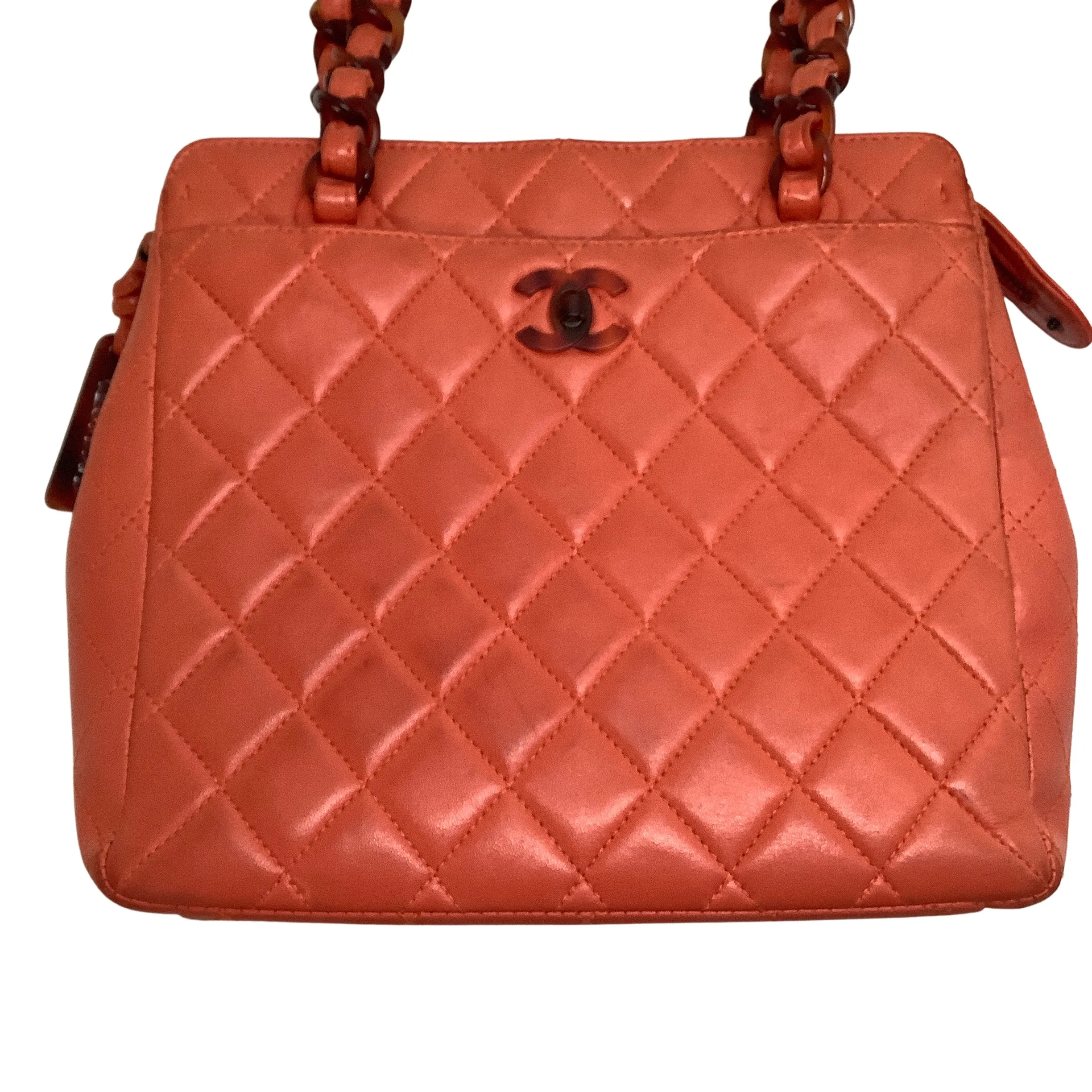 Chanel Vintage Orange Lambskin Leather Quilted Shoulder Bag with Tortoise Acrylic Hardware