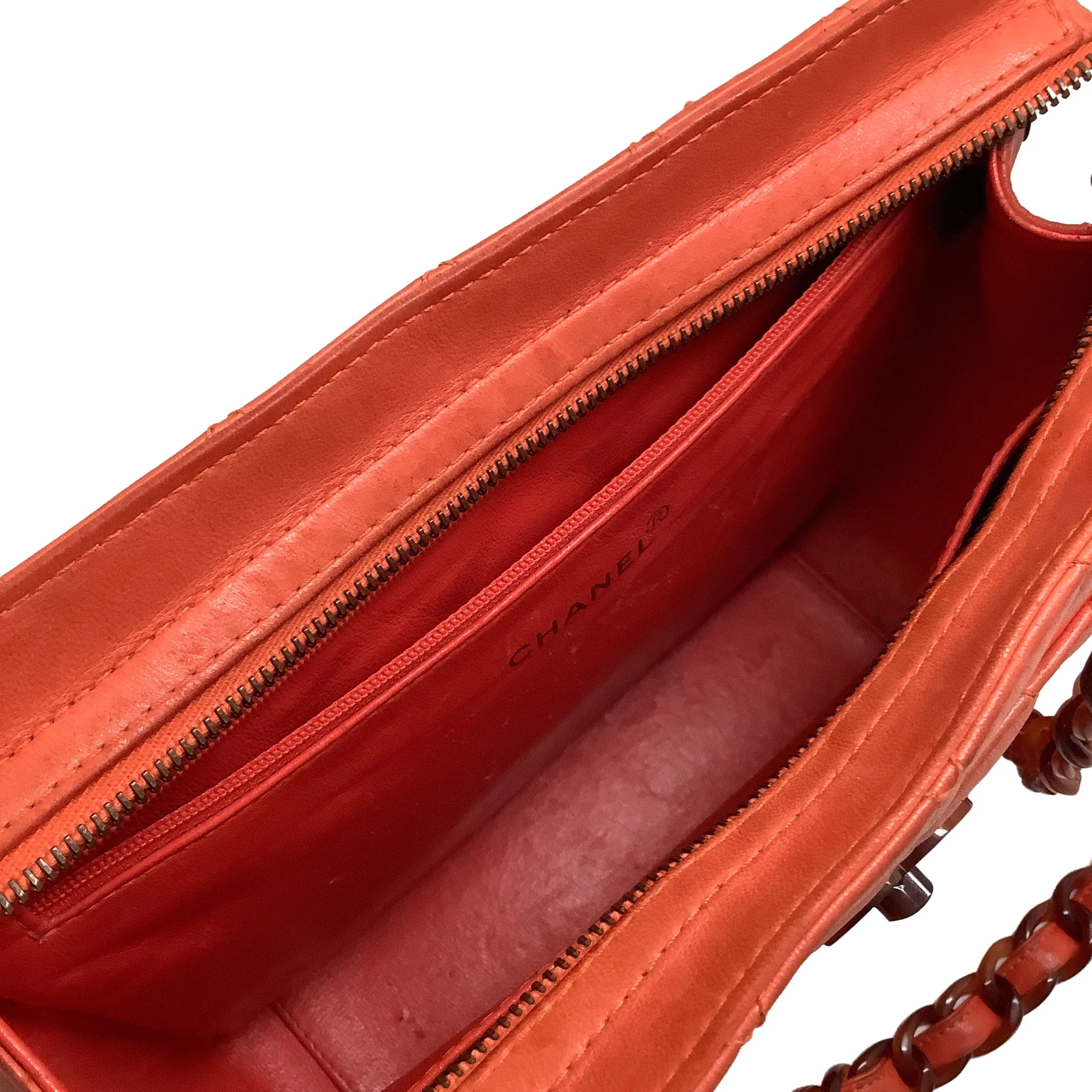 Chanel Vintage Orange Lambskin Leather Quilted Shoulder Bag with Tortoise Acrylic Hardware