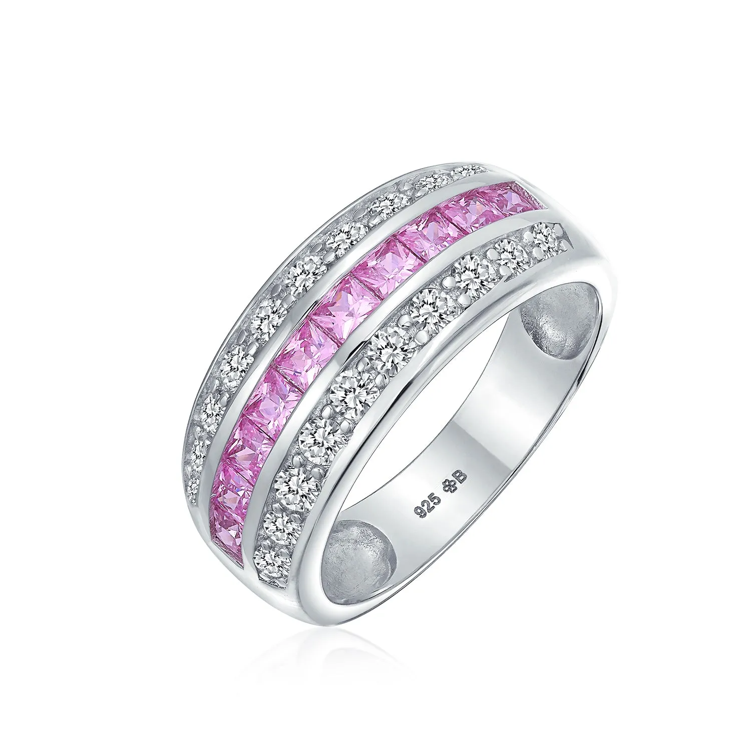 Channel Pink Princess Cut CZ Dome Wedding Band Ring Sterling Silver