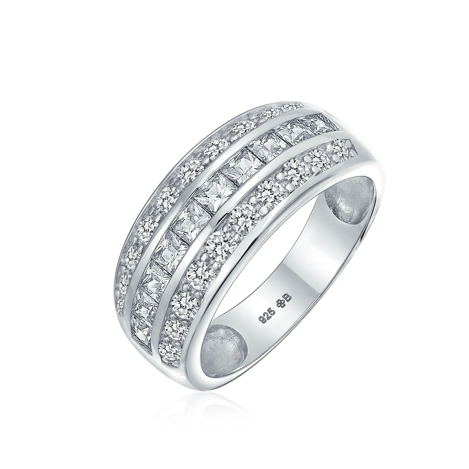 Channel Pink Princess Cut CZ Dome Wedding Band Ring Sterling Silver