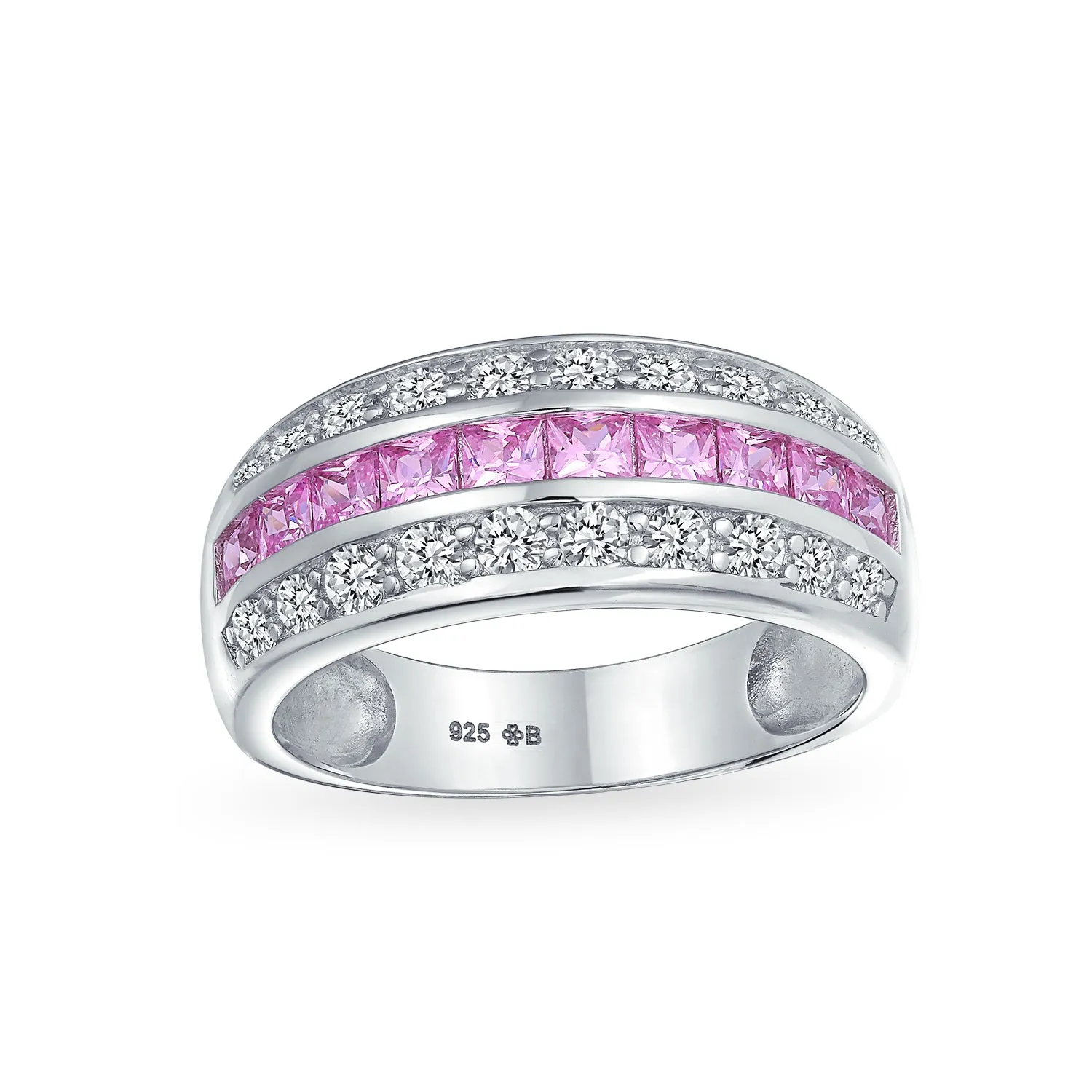 Channel Pink Princess Cut CZ Dome Wedding Band Ring Sterling Silver