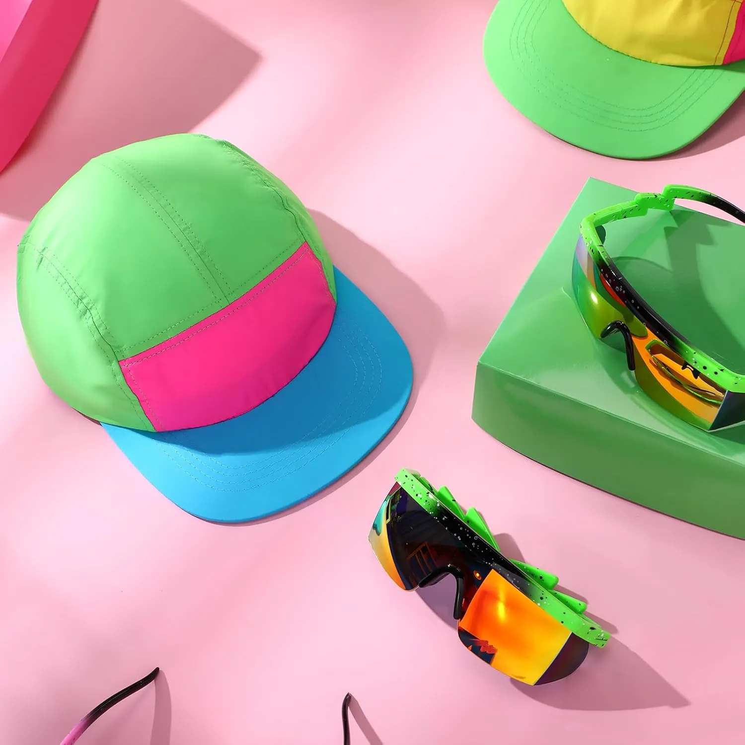 Cindeer 2 Pcs 80s 90s Neon Hat Neon Retro Semi Rimless Sunglasses, 80s Costumes Accessories for Women Men 90s Theme Party