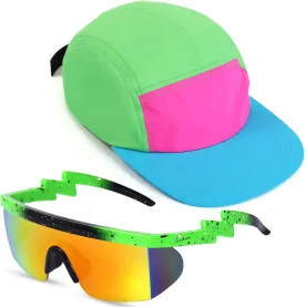 Cindeer 2 Pcs 80s 90s Neon Hat Neon Retro Semi Rimless Sunglasses, 80s Costumes Accessories for Women Men 90s Theme Party