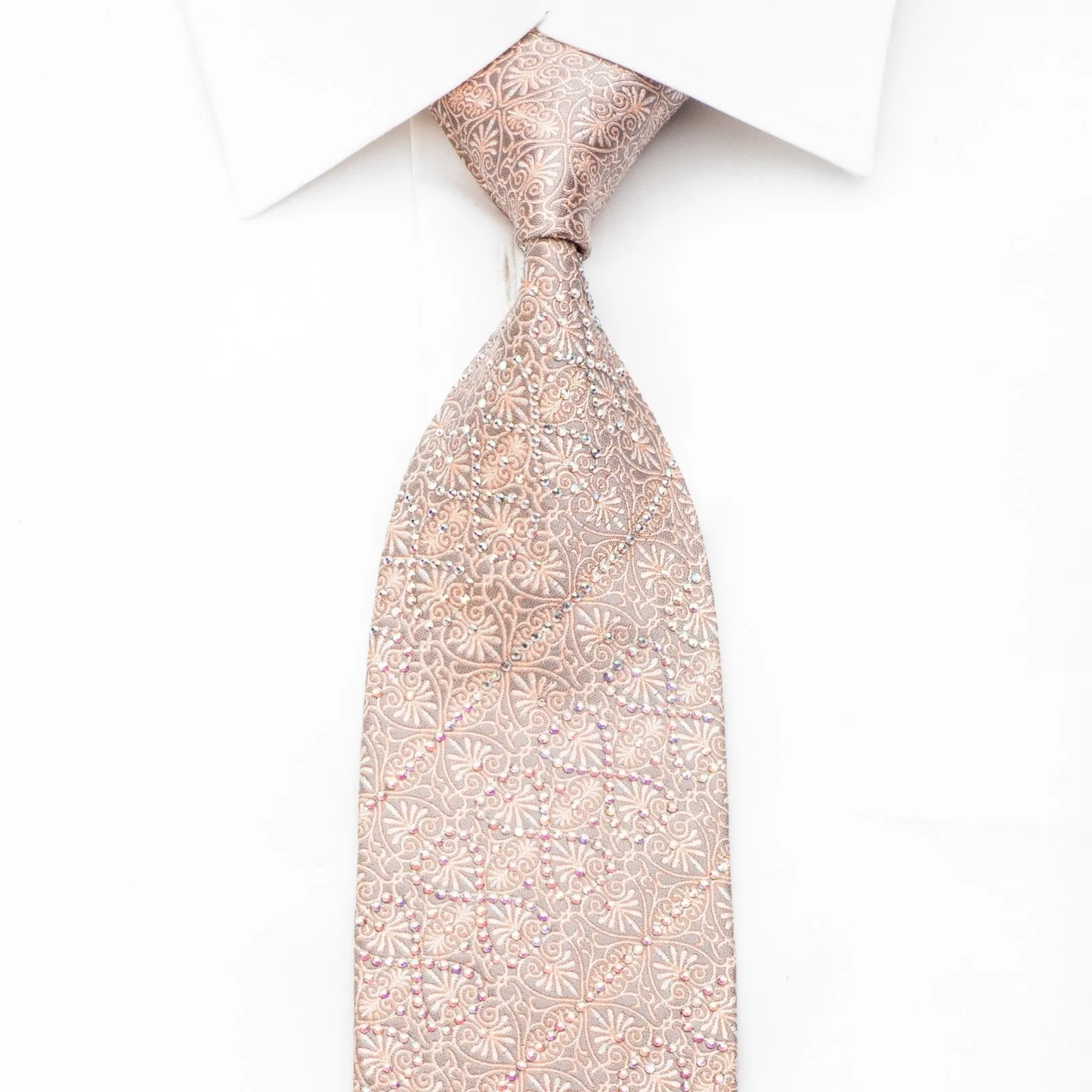 Daniel Hechter Men's Rhinestone Silk Necktie Anthemion On Peach Silver With Sparkles
