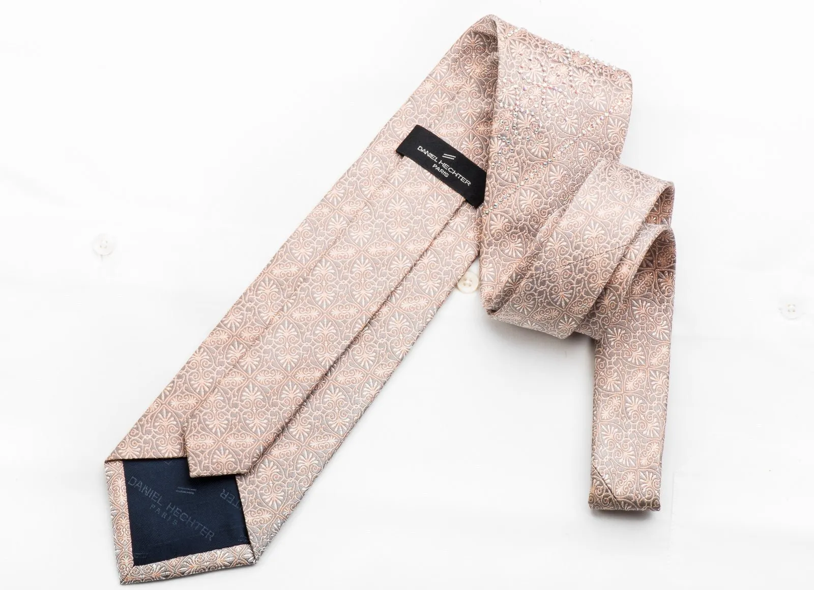 Daniel Hechter Men's Rhinestone Silk Necktie Anthemion On Peach Silver With Sparkles