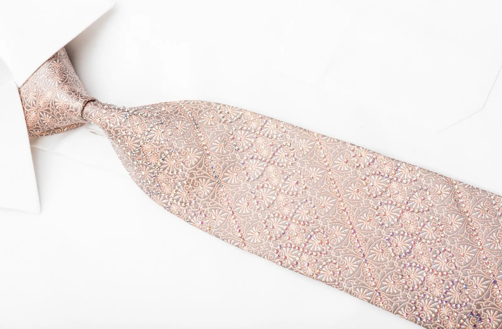 Daniel Hechter Men's Rhinestone Silk Necktie Anthemion On Peach Silver With Sparkles