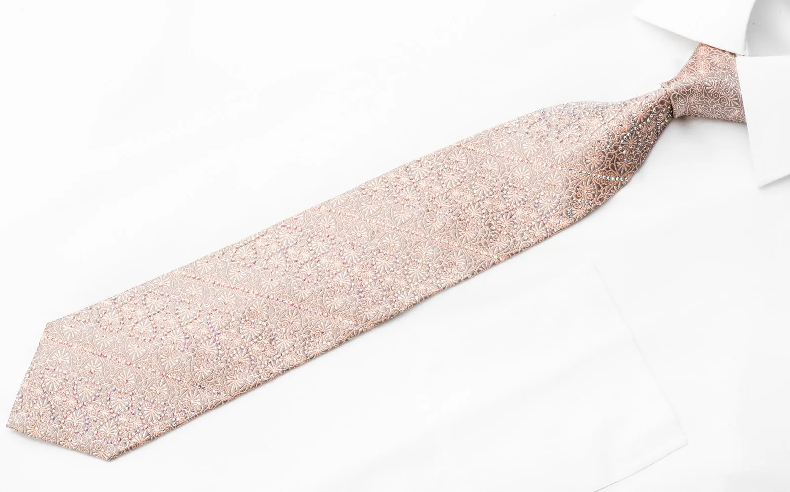 Daniel Hechter Men's Rhinestone Silk Necktie Anthemion On Peach Silver With Sparkles