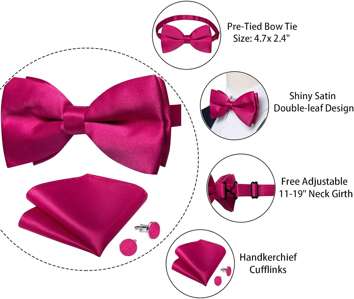 DiBanGu 3PCS Bow Ties for Men Pre-Tied Bow Tie and Pocket Square Set Adjustable Solid Satin Formal Tuxedo Bow Tie Wedding