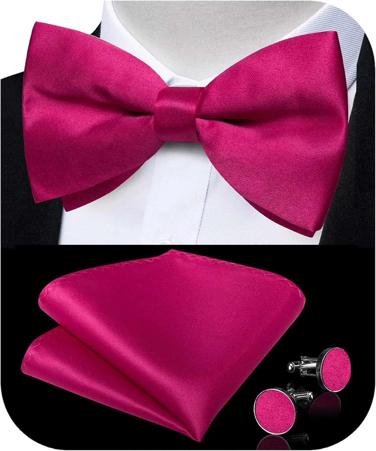 DiBanGu 3PCS Bow Ties for Men Pre-Tied Bow Tie and Pocket Square Set Adjustable Solid Satin Formal Tuxedo Bow Tie Wedding