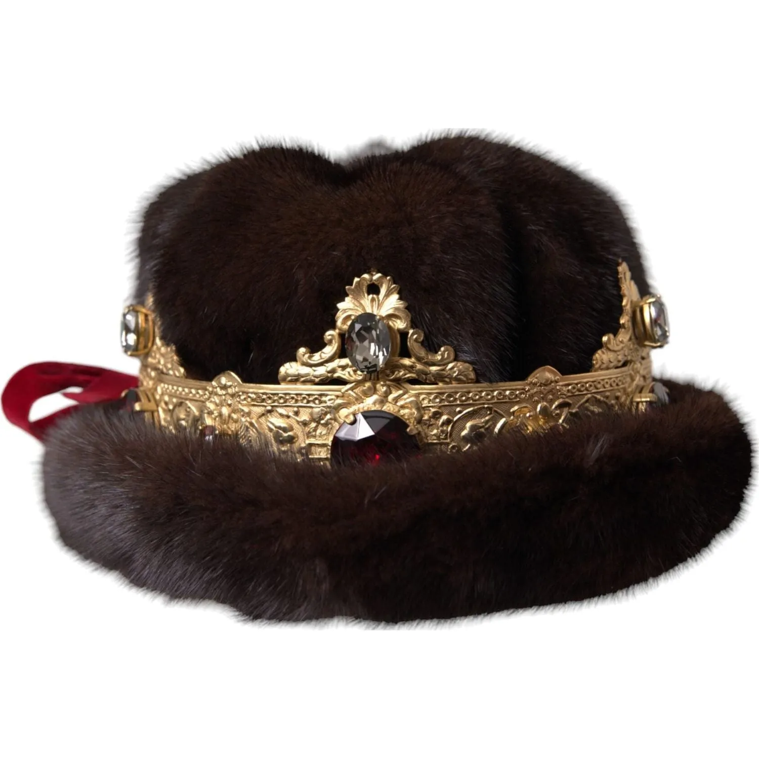 Dolce & Gabbana Dark Brown Mink Fur Gold Crystal Crown Hat
