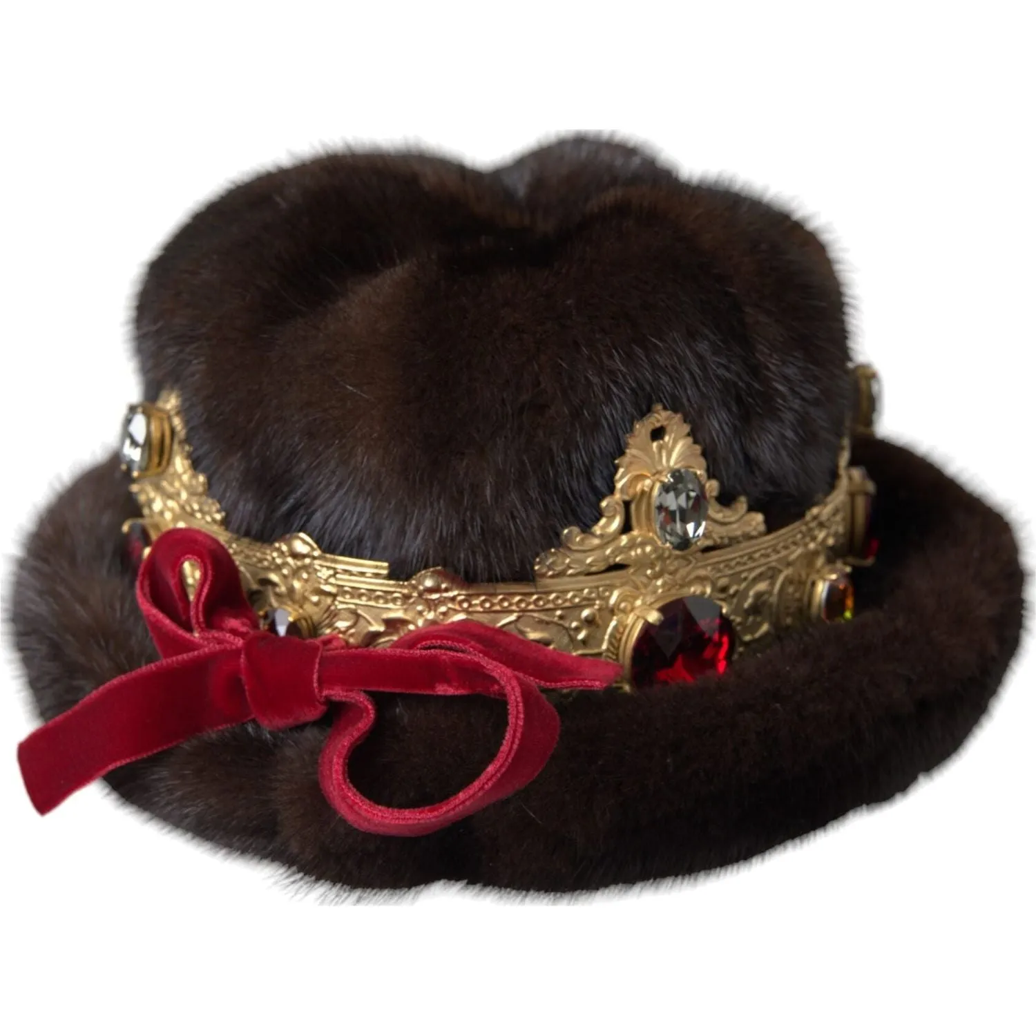 Dolce & Gabbana Dark Brown Mink Fur Gold Crystal Crown Hat