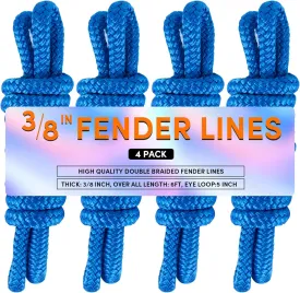 Fender Lines, 3/8'' x 6' Boat Fender Lines with Loop, Double Braid Boat Bumper Rope Boat Fender Rope Dock Lines Boat Ropes for Docking Boat Lines Dock Ties Jet Ski Mooring Small Boating Docking 4 Pack