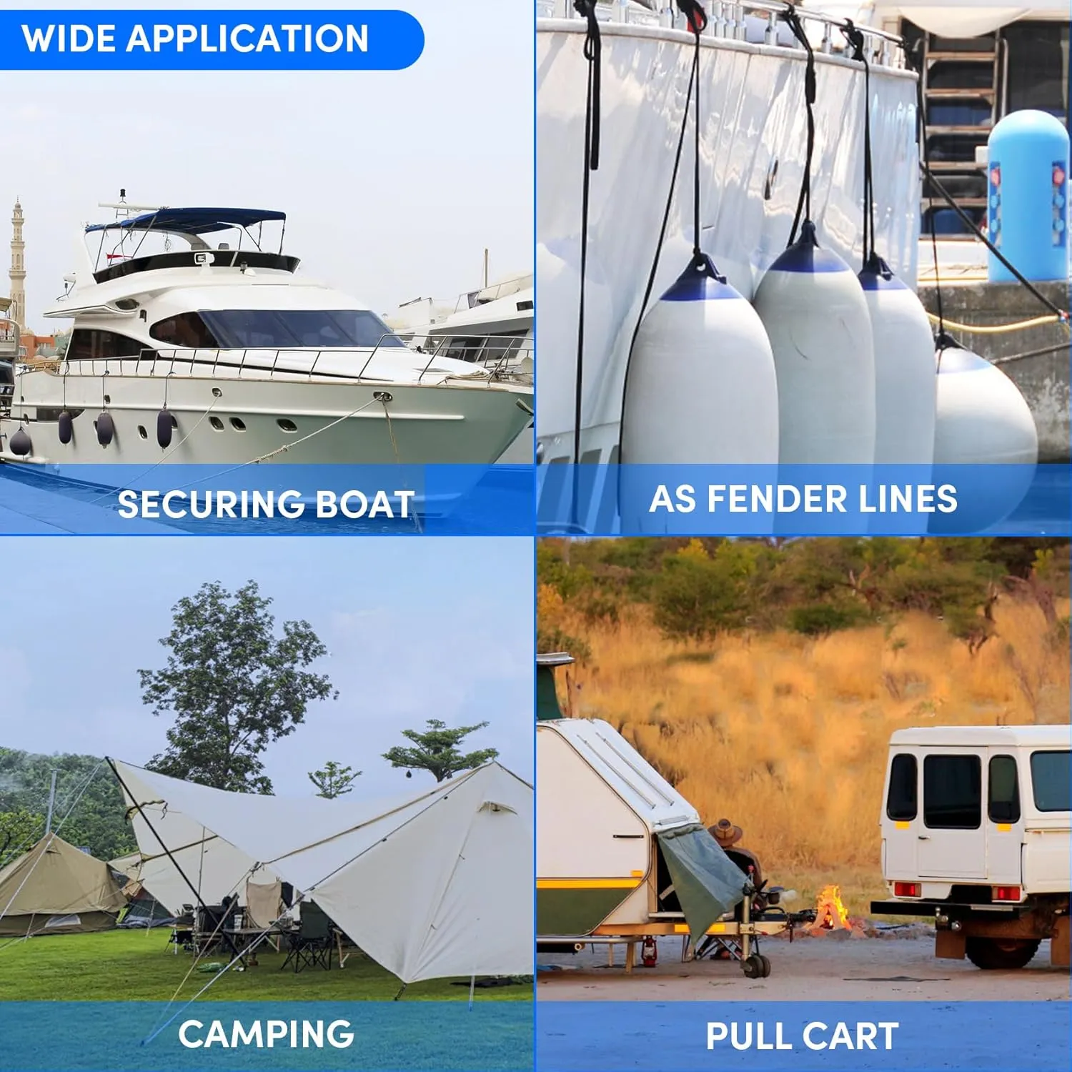 Fender Lines, 3/8'' x 6' Boat Fender Lines with Loop, Double Braid Boat Bumper Rope Boat Fender Rope Dock Lines Boat Ropes for Docking Boat Lines Dock Ties Jet Ski Mooring Small Boating Docking 4 Pack