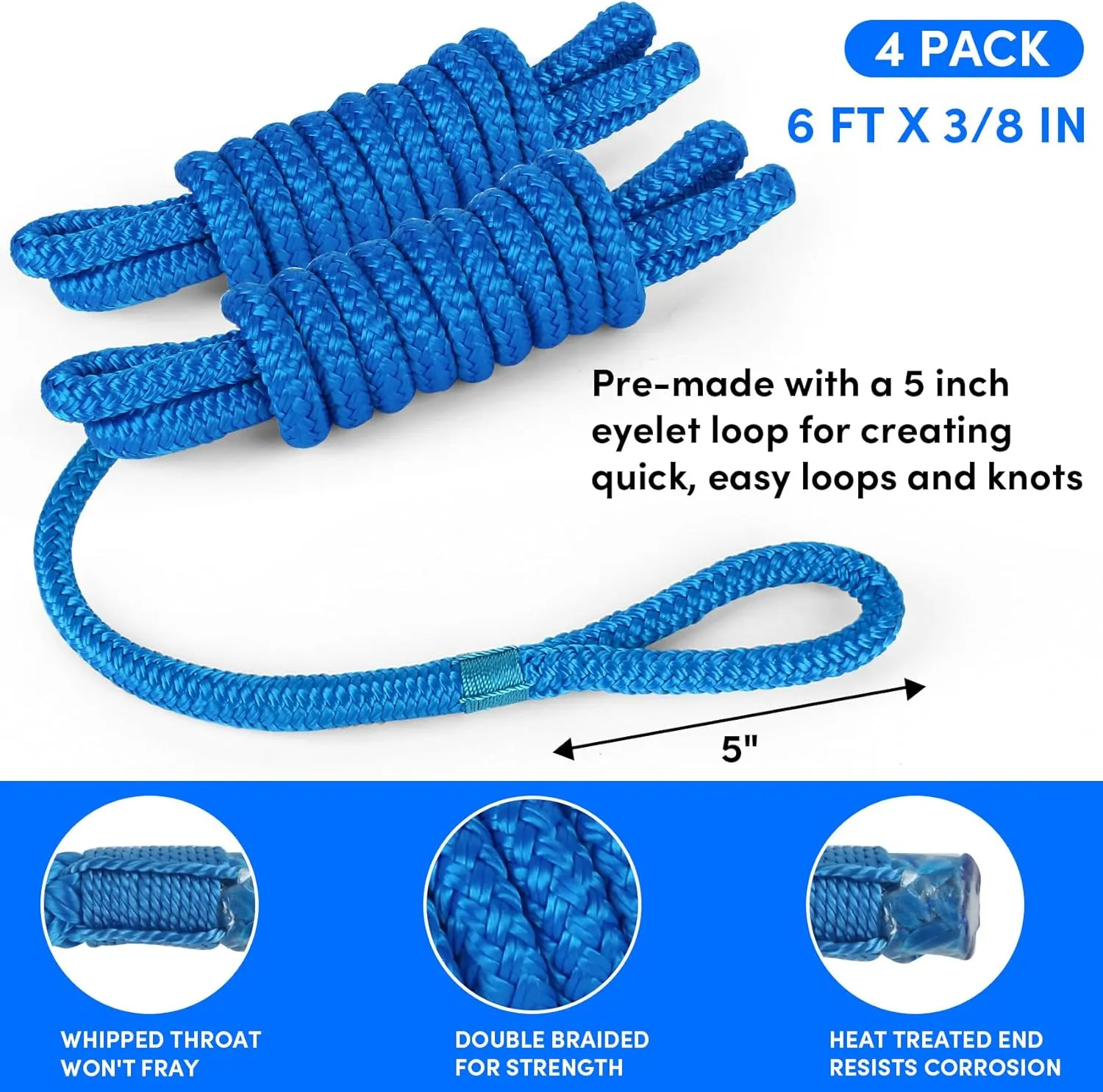 Fender Lines, 3/8'' x 6' Boat Fender Lines with Loop, Double Braid Boat Bumper Rope Boat Fender Rope Dock Lines Boat Ropes for Docking Boat Lines Dock Ties Jet Ski Mooring Small Boating Docking 4 Pack